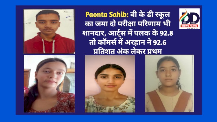 Paonta Sahib: बी के डी स्कूल का जमा दो परीक्षा परिणाम भी शानदार, आर्ट्स में पलक के 92.8 तो कॉमर्स में अरहान ने 92.6 प्रतिशत अंक लेकर प्रथम  ddnewsportal.com