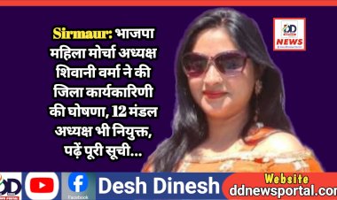 Sirmaur: भाजपा महिला मोर्चा सिरमौर अध्यक्ष शिवानी वर्मा ने की जिला कार्यकारिणी की घोषणा, 12 मंडल अध्यक्ष भी नियुक्त, पढ़ें पूरी सूची...  ddnewsportal.com