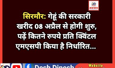 सिरमौर: गेहूं की सरकारी खरीद 08 अप्रैल से होगी शुरु , पढ़ें कितने रुपये प्रति क्विंटल एमएसपी किया है निर्धारित...   ddnewsportal.com