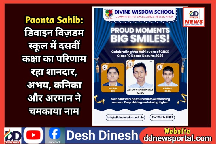 Paonta Sahib: डिवाइन विज़डम स्कूल में दसवीं कक्षा का परिणाम रहा शानदार। अभय, कनिका और अरमान ने चमकाया नाम  ddnewsportal.com